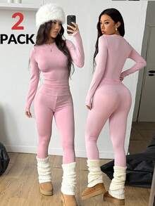 Coolane 女式秋季酷女孩街头服饰可爱外出长袖弹力舒适粉色 T 恤和高弹力紧身裤粉色瑜伽裤 2 件/两件 - 粉色 - 查看 3