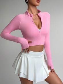 Sovereign Charm Women's Solid Color Raglan Thumb Hole Long Sleeve Zip Front Cropped Fitted Sports Jacket - Pink - View 4