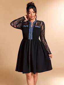 Cravure Gaun Komuter Elegan Ukuran Plus dengan Motif Renda dan Patchwork - Hitam - View 7