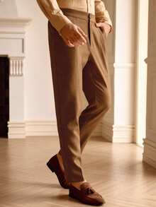Manfinity VCAY Celana Jas Pria Kasual Serbaguna untuk Perjalanan Sehari-hari, Warna Polos, Potongan Meruncing - Coklat - View 4
