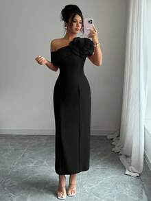 Modelyn Đầm dự tiệc kiểu Pháp thanh lịch họa tiết hoa lệch vai cho nữ - màu đen - Xem 5