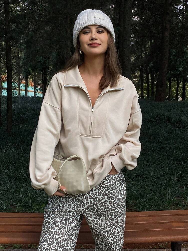 Women's Solid Color Loose High Neck Long Sleeve Fleece Casual Street Sweatshirt, Autumn/Winter