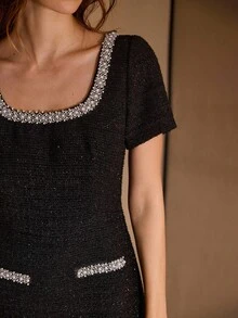 MOTF PREMIUM TWEED FAUX PEARLS BEADED TRIM SLIM FIT MINI DRESS - Black - View 2