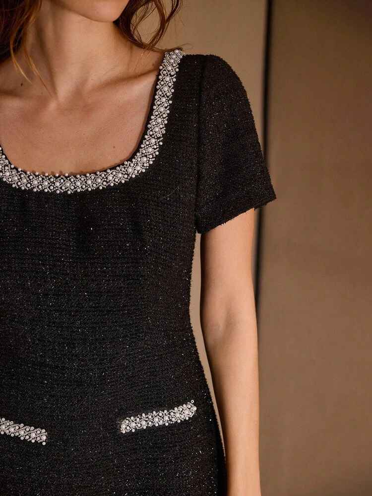 TWEED FAUX PEARLS BEADED TRIM SLIM FIT MINI DRESS