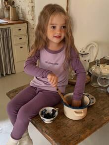 DAZY 2件套年轻女孩圆领印花长袖T恤+裤子家居服套装 - 紫色 - 查看 6