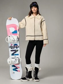 Hanevo Women's Dropped Shoulder Long Sleeve Zipper Front Sherpa Casual Regular Jacket, Autumn/Winter - Apricot - View 4