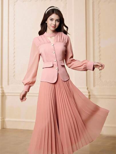 青少年圆领长袖雪纺拼接优雅衬衫 + 高腰百褶裙，万圣节、圣诞节派对装