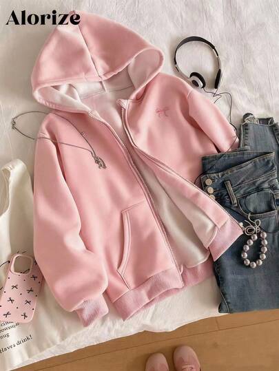 Teen Girl Casual Hooded Zip-Up Sweatshirt With Pink Bow Embroidery And Pockets, Suitable For School, Commuting, Walking, Matching With Sweatpants, Long Sleeves, Sweaters