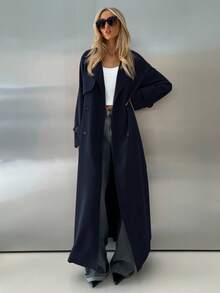 Aloruh Fashionable & Versatile Solid Color Long Trench Coat, Suitable For Commuting, Autumn/Winter - Navy Blue - View 5