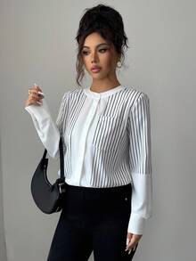 SHEIN Elenzya Damen elegante schwarz-weiß gestreifte Bluse mit Stehkragen und Langarm, locker geschnitten für den täglichen Weg zur Arbeit, Herbst/Winter - Schwarz und Weiss - Übersicht 3