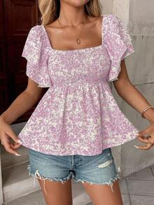 Pariaura 女士休闲花卉印花荷叶边下摆度假衬衫