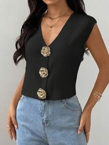 Almamuse 全新夏季法式优雅设计轻盈针织女式背心 - 黑色 - 查看 6