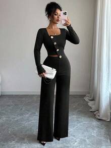 Elenzga Women's Elegant Asymmetric Hem Long Sleeve Blazer Jacket And Elastic Waist Pants 2 Pieces Suit Set For Office, Commute, Afternoon Tea, Party, Autumn/Winter - Black - View 5