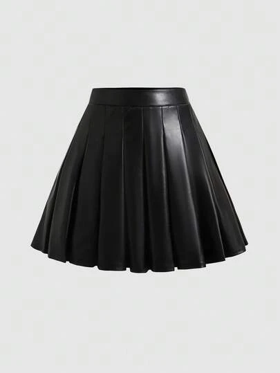 SHEIN Tween Girl Casual High-Waisted Versatile Solid Color Pleated Short PU Skirt