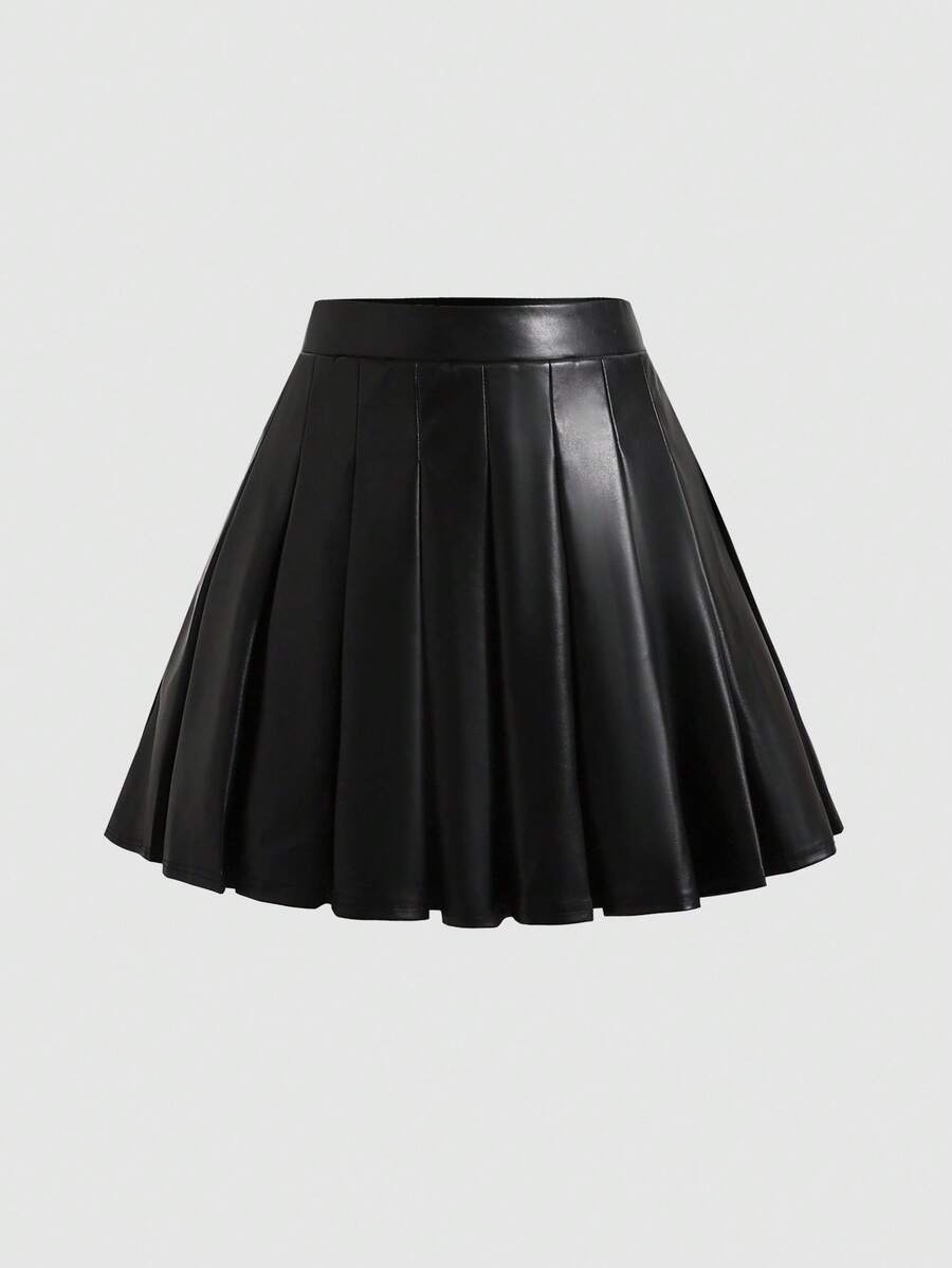SHEIN تنورة قصيرة مطوية من البولي يوريثان ذات خصر عالي للفتيات المراهقات، لون أحادي متعدد الاستخدامات - الأسود - مشاهدة 1
