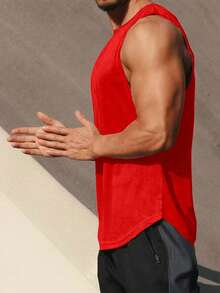 Manfinity Fitness 男士运动无袖运动 T 恤、背心、吊带 - 训练和健身房和健身垂袖剪裁吸湿排汗、透气、快干红色常规剪裁面料圆领中弹男友风格男士纯色圆领夏季运动背心健身上衣健身房上衣圣诞节透气 - 紅色 - 查看 3