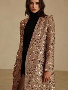 BELROSIE Cappotto lungo da donna con scollo a V, doppiopetto, decorato con bottoni in metallo, in colori marrone e oro, con paillettes, adatto per l'autunno/inverno - Champagne - Visualizzare 4