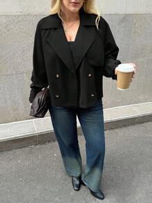 Auralis 大码女式秋冬时尚休闲宽松舒适日常基本百搭经典卡其色短款风衣夹克，秋季服装，简约风格，冬季外套 - 黑色 - 查看 6