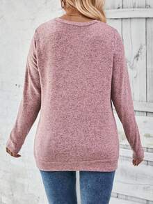 Selamara Plus Size Women Casual Long Sleeve Round Neck Ruched Hem Button Decor T-Shirt, Autumn/Winter - Pink - View 2