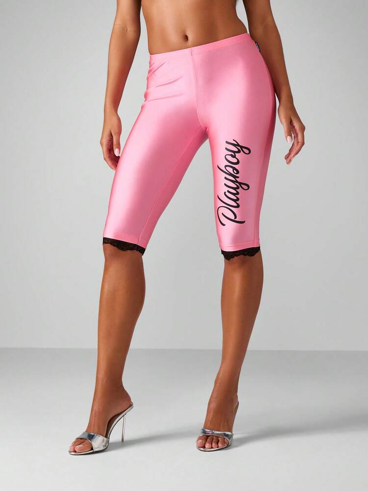 Missguided x Playboy Biker Shorts With Black Lace Trim Mid-Rise Cycling Length Fashion Pink Bottoms For Women Festival Party Y2K Style