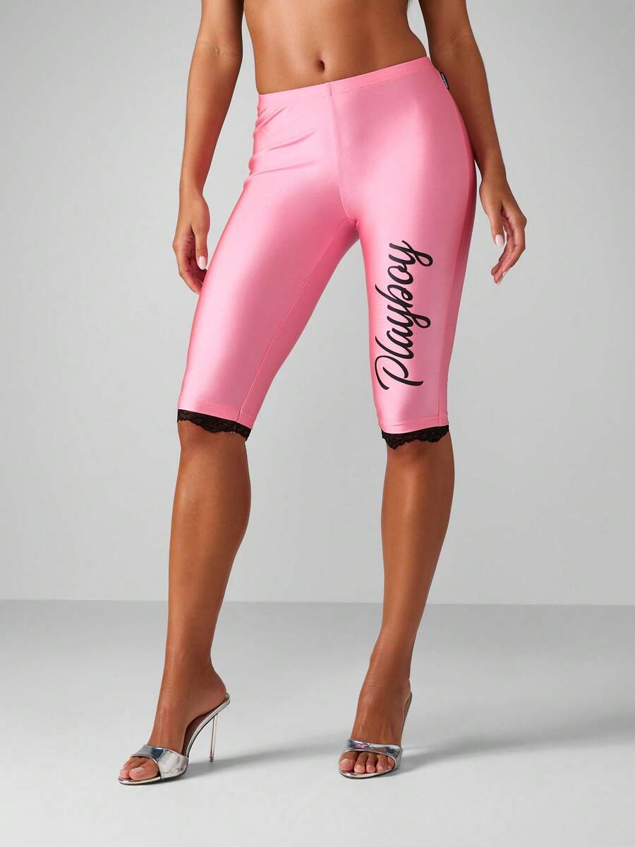 Missguided x Playboy Biker Shorts With Black Lace Trim Mid-Rise Cycling Length Fashion Pink Bottoms For Women Festival Party Y2K Style