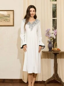 Côtesoire Elegante camicia da notte da donna con colletto arricciato in pizzo francese e colore a contrasto - Bianco - Visualizzare 4