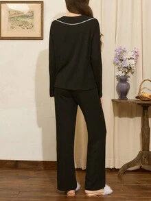 法式优雅罗纹针织长袖单排扣上衣和裤子睡衣套装，女士秋冬服装 - 黑色 - 查看 2