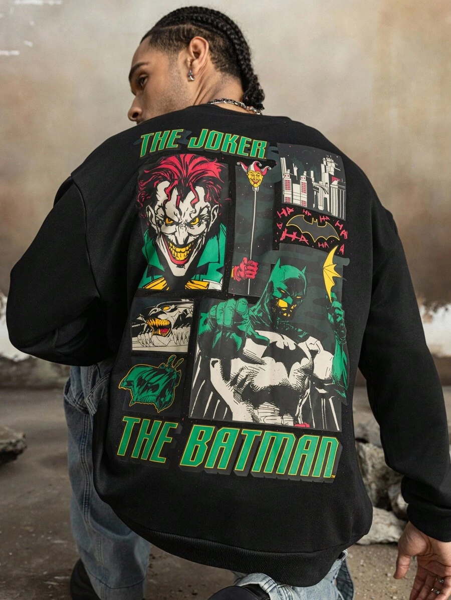 BATMAN X SHEIN 男士休闲字母图案圆领卫衣，秋季款，长袖上衣