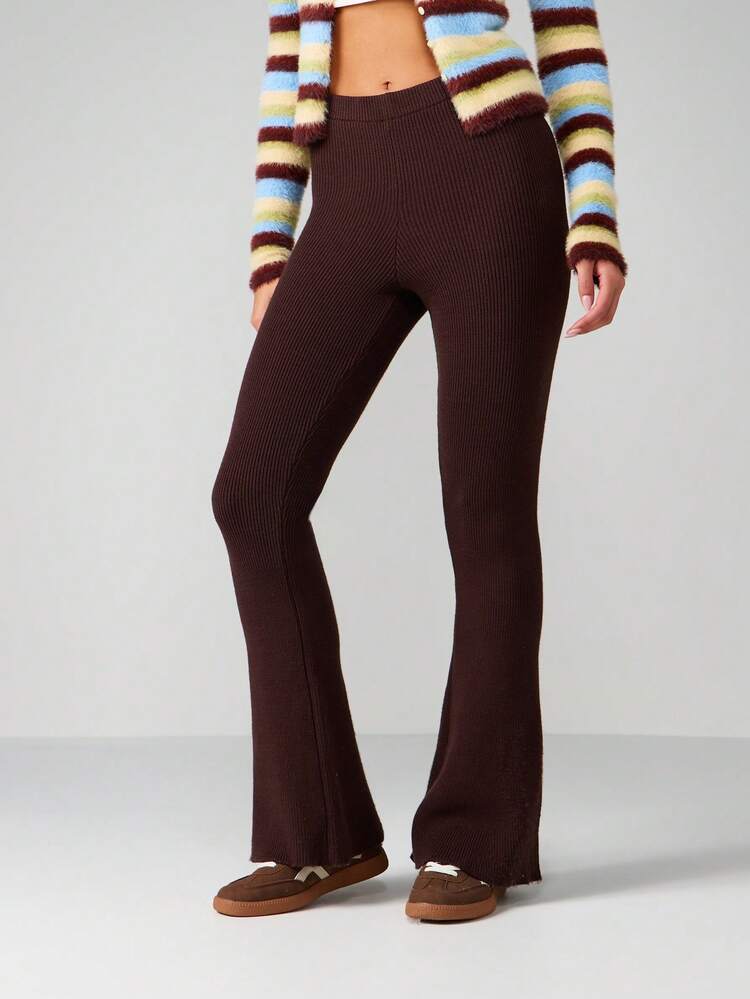 MISSGUIDED Retro Knitted Flare Pants High Waist Y2K Fashion Bell Bottom Pants Ribbed Winter Vintage Wide Leg Trousers Fall Cozy Bottoms
