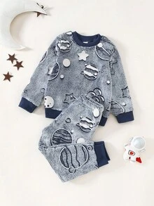 2pcs Young Boy Casual Plush Long Sleeve Top And Pants Homewear Set - Baby Blue - View 1