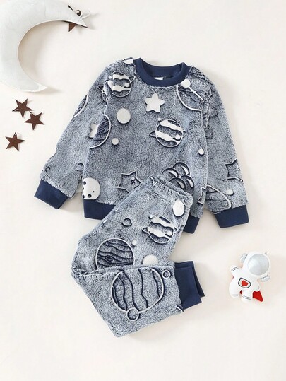 مجموعة ملابس علوية كاجوال طويلة الأكمام وبنطلون من القماش المخملي للأولاد 2 قطعة