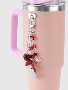ROMWE Kawaii 1pc Y2K Fashionable Delicate Silver Hollow Resin Star Wing Heart Ribbon Bow Crystal Strawberry DIY Heart Keychain Bag Charm, Suitable For Women/Girls Daily Wear, Holiday Gift - Burgundy-54 - View 8
