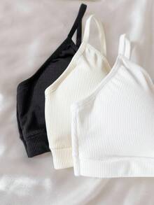 Bộ 3 áo hai dây gân mềm mại, thanh lịch, đơn giản, thoải mái hàng ngày, màu đen và trắng cho bé gái - Nhiều màu - Xem 3