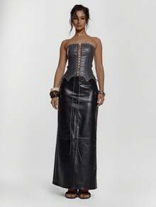 MUSERA Faux Leather Extreme Lace Up Eyelets Detail Corset Top Sexy Going Out Autumn Fall Night Out Winter Cute Streetwear Feraux