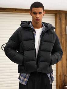 SWAVVY Men's Solid Color Zip-Up Casual Hooded Jacket, Winter - Black - View 3