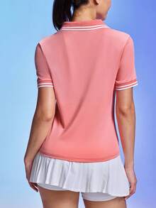 Easithlete 夏季休闲撞色条纹短袖运动Polo衫 - 西瓜粉 - 查看 2