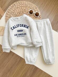 SHEIN Babygirl 可爱灰色字母印花长袖卫衣和裤子套装，秋冬 - 淺灰色 - 查看 3