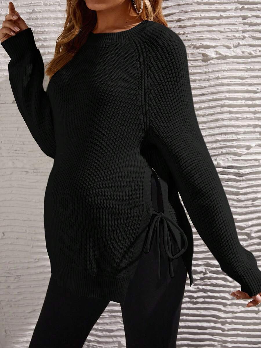 SHEIN Pull tricoté à fente latérale avec nœud, couleur unie, décontracté, pour la maternité, automne/hiver - Noir - Voir 1