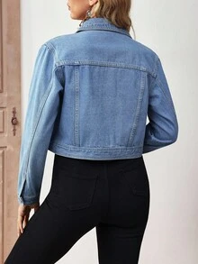 EMERY ROSE 女式休闲单排扣牛仔夹克，带口袋，秋季 - 藍色 - 查看 2