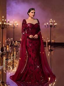 Aureia فستان أنيق رومانسي أحمر اللون بتصميم رقبة قلب شفاف من الشبك والتطريز الفاخر بالخرز وذيل سمكة الحورية، مناسب للزفاف والحفلات والمناسبات المسائية (مزخرف بشكل كبير)