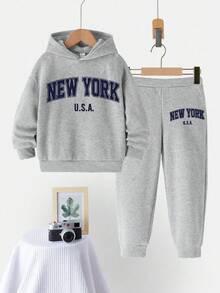 SHEIN 2 件套美国纽约年轻男孩宽松休闲简约连帽运动衫，适合秋冬季 - 灰色 - 查看 3