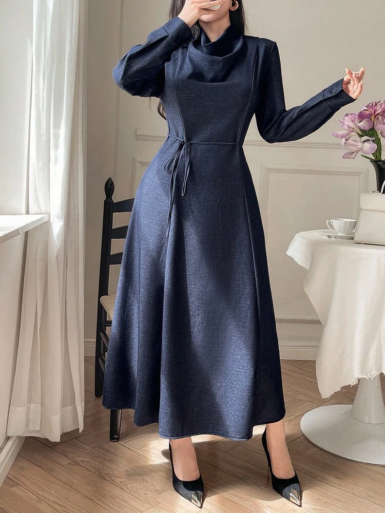 Women's Draped Neck Long Sleeve Cinched Waist Waist Casual Elegant Dress