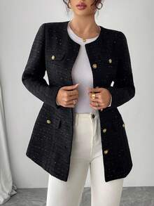 DAZY Women's Round Neck Cardigan Long Sleeve Fitted Short Elegant Regular Jacket Women Coats - Black - View 2