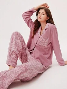 LUVLETTE Bộ đồ ngủ dài tay in họa tiết mềm mại và ấm áp dành cho nữ Winter Basics màu tím 2 món - Hồng - Xem 4
