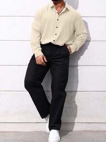 Manfinity Homme Áo sơ mi nam tay ngắn cài nút phía trước, dáng rộng, thường ngày, đa năng, màu trơn - Màu Khaki - Xem 3