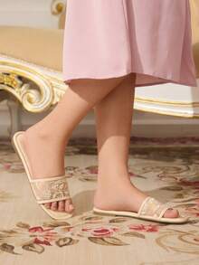 CUCCOO TILAWA 女士刺绣珍珠网眼透气舒适优雅休闲平底凉鞋 - 杏色 - 查看 6