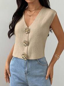 Almamuse 全新夏季法式优雅设计轻盈针织背心女衫 - 卡其色 - 查看 6