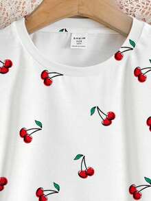 SHEIN Tween 女童休闲可爱复古樱桃印花贴身短袖圆领 T 恤和紧身裤家居服套装，Gal 风格，日式甜美，JP 少女时尚 - 彩色 - 查看 5