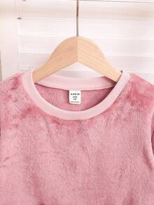 SHEIN 青少年女孩宽松休闲简约舒适圆领羊毛运动衫和慢跑裤套装 - 西瓜粉 - 查看 3