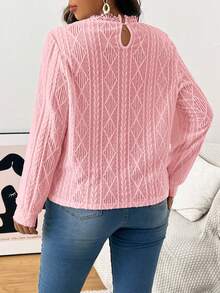 SHEIN Frenchy 大码女式休闲日常通勤纯色纹理面料撞色蕾丝灯笼袖宽松T恤，春秋季 - 粉色 - 查看 6